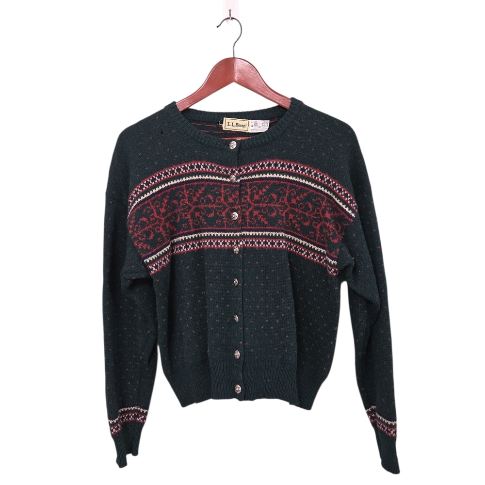 L.L. Bean Vintage Shetland Wool Women's Dark Green Fairisle Nordic‎ Cardigan Md